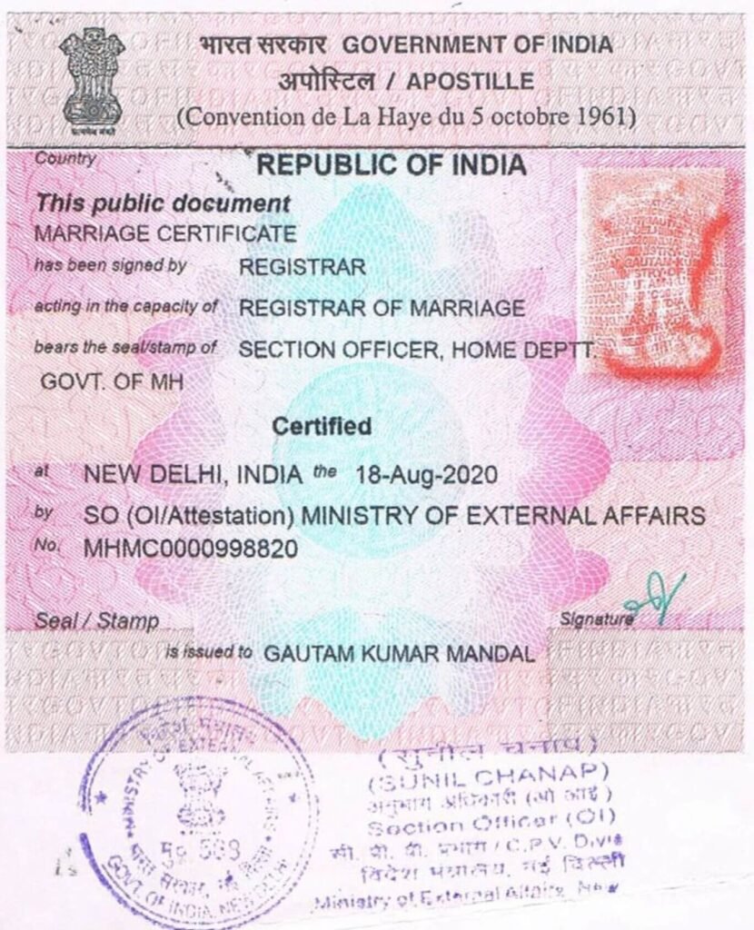 Marriage certificate apostille in Kolkata