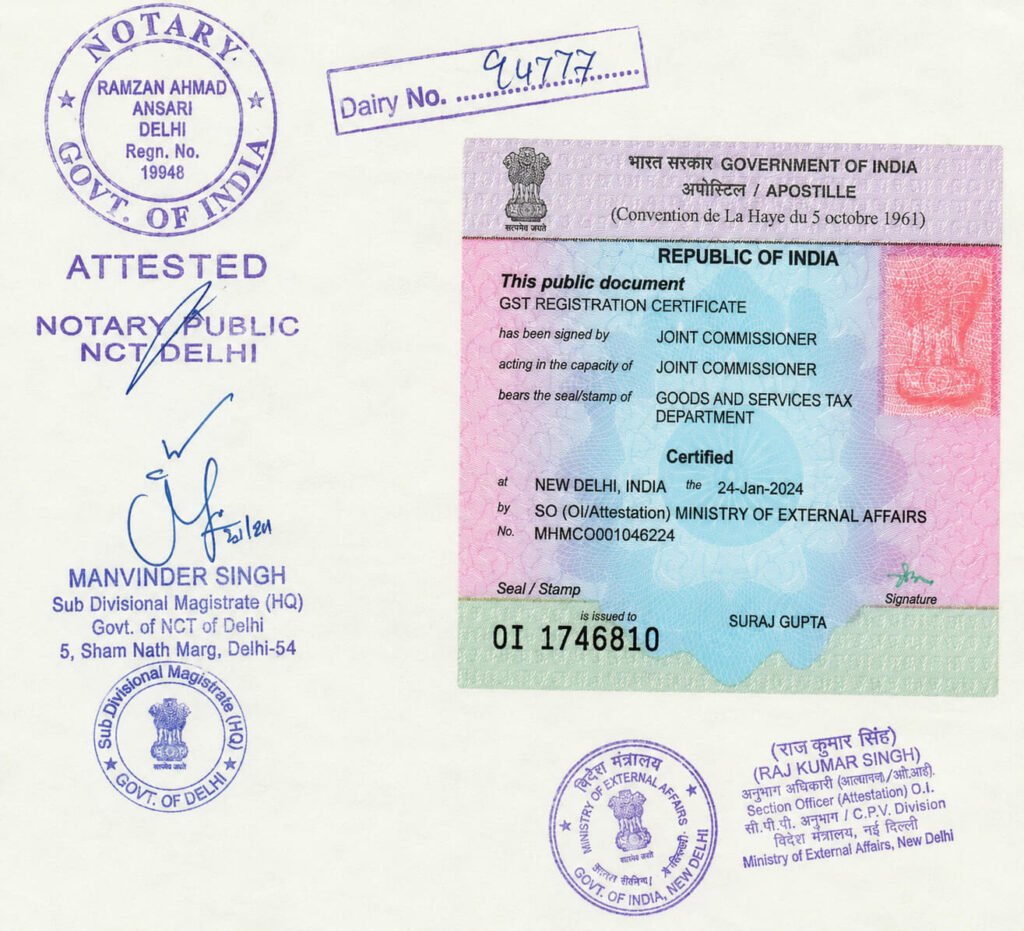GST certificate apostille stamp
